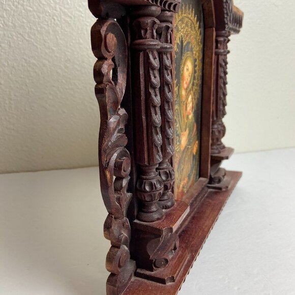 Vintage Religious Old Icona Virgin Mary & Baby Jesus Framed Picture - Picture 15 of 16